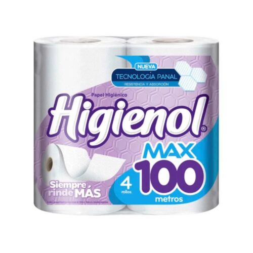 PAPEL HIGIENICO HIGIENOL MAX PANAL HOJA SIMPLE 100 METROS x 4 UNIDADES