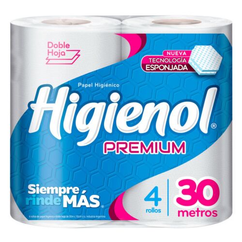 PAPEL HIGIENICO HIGIENOL DOBLE HOJA PREMIUM PANAL 30 MTS x 4 UNIDADES