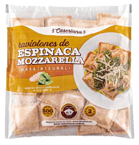 RAVIOLONES CASERIANA INTEGRALES DE ESPINACA Y MUZZARELLA x 500 GR