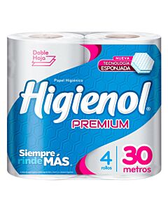PAPEL HIGIENICO HIGIENOL DOBLE HOJA PREMIUM PANAL 30 MTS x 4 UNIDADES
